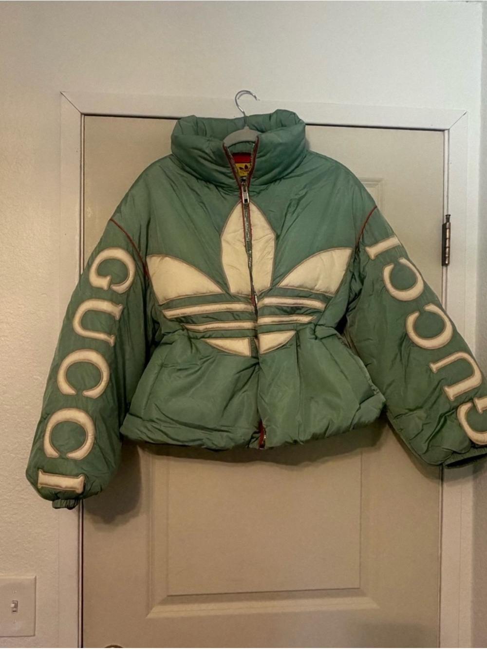 Gucci Mint Green Puffer Jacket with White Logo Panels